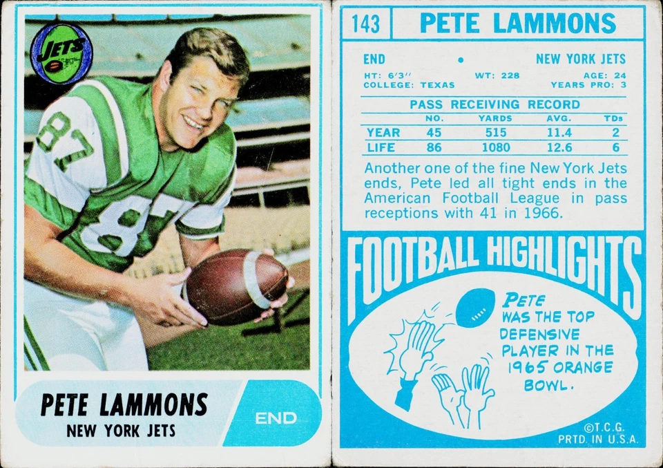 1968 Topps Football Card #143 Pete Lammons New York Jets - Image 1 of 1