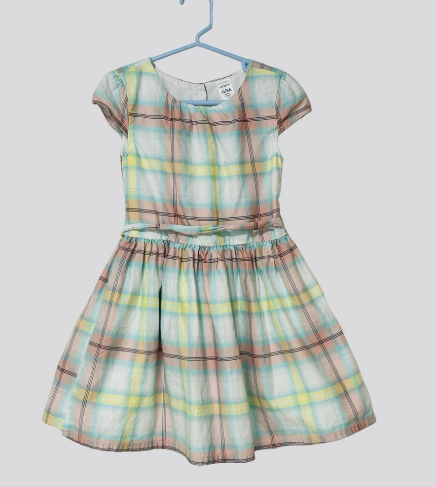 Vestido de Primavera Carters Niñas Talla 5 Cuadros Pasteles Manga Gorra Botón Lazo Forrado Foto 1 de 4