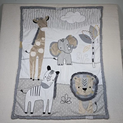 Lambs & Ivy Baby Crib Comforter Quilt 35” X 44” Jungle Animals Gray/White/Taupe  - Image 1 of 4