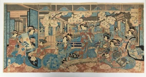 Trittico xilografia Kunisada: Shin Yoshiwara Inamotoro al suo apice Bijin-ga - Foto 1 di 21