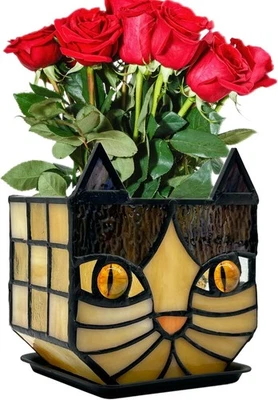 Stained Glass Cat Planter, Indoor Flower Pots with Drainage, Cute Succulent - Image 1 of 4