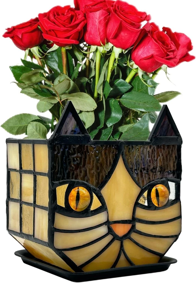 Stained Glass Cat Planter, Indoor Flower Pots with Drainage, Cute Succulent - Image 1 of 4