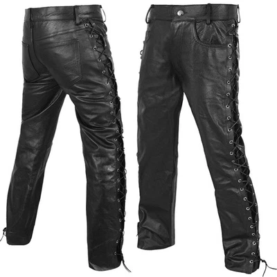 Men's Genuine Real Leather Pants Motorcycle Lace Up Sides Black Leather Trouser - Image 1 of 3