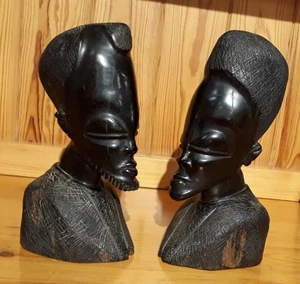 African Stylized Bust Figurines Dark Wood Carved Set of Two 8" High - Picture 1 of 6