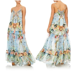 Camilla Strap Top Size S Tie Front Detail ‘The Still Abyss’ SILK Tank RRP:$399 - Picture 1 of 24