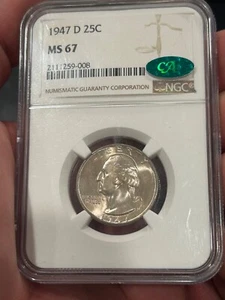 1947-D 25C Washington Quarter NGC MS67 CAC-Verified, Strong Strike Light Toning - Picture 1 of 3
