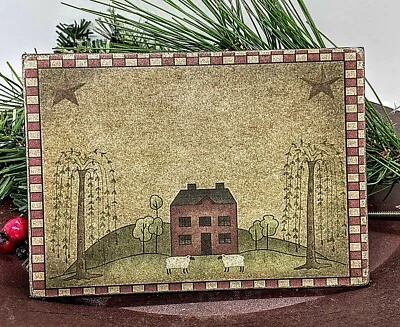 Primitive Handmade Vintage Postcard  5”x7” Canvas Plaque Saltbox House Sheep - Image 1 of 4