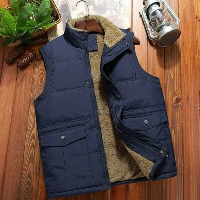 Mens Fleece Fur Lined Waistcoat Multi Pocket Utility Vest Jacket Sleeveless - Image 1 of 4