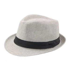Men Women Gray Fedora Hat, Straw Trilby Cuban Sun Cap Panama Short Brim Floral - Picture 1 of 2