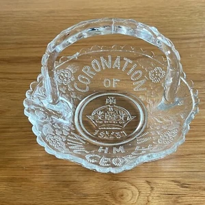 King George VI Coronation 1937 Commemorative Glass Bon Bon Dish Bowl with Handle - Picture 1 of 12