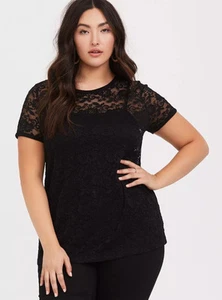 Camiseta Torrid Negra Profunda de Encaje Camiseta Manga Corta Top Blusa Transparente Talla 00 (L) Bruja - Imagen 1 de 9