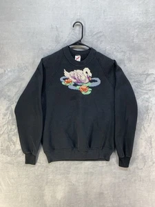 vtg 90s Black JERZEES cotton casual TAPESTRY SWAN Sweater Jumper Size L - Picture 1 of 5