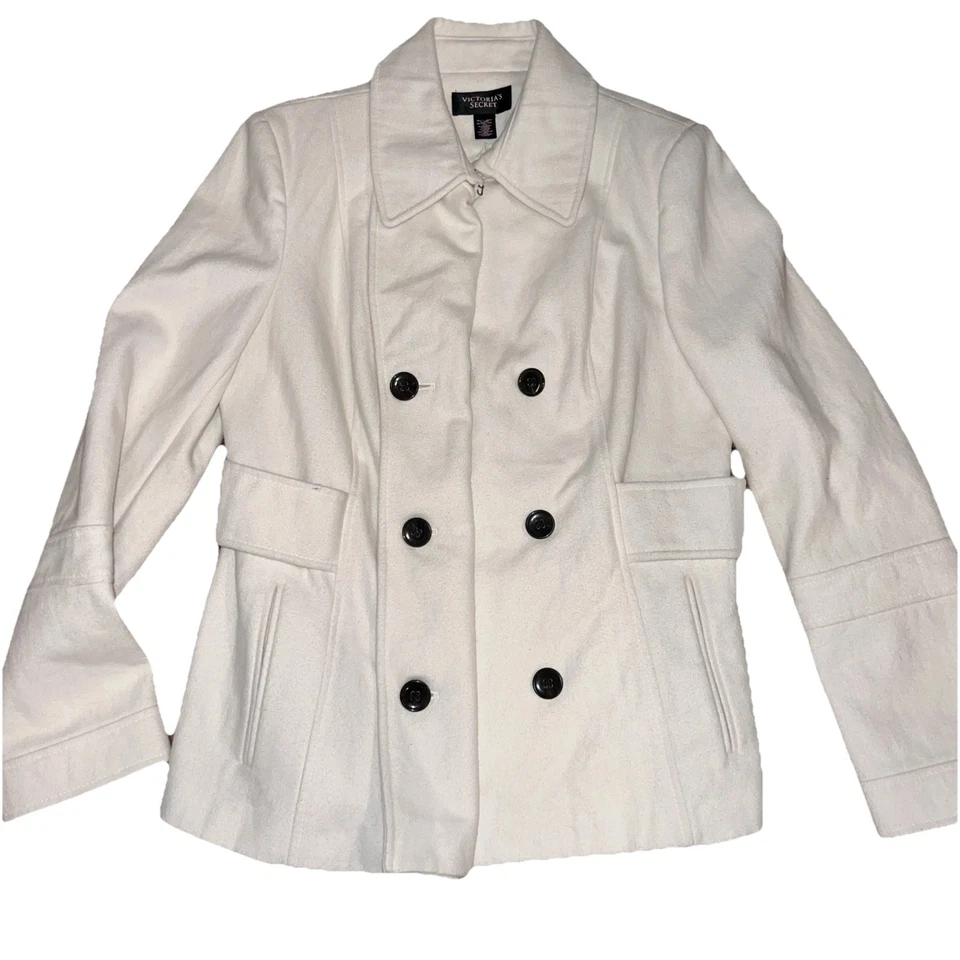 Victoria Secret.  Linda chaqueta abrigo mujer guisante talla mediana blanca lana abotonada Foto 1 de 4