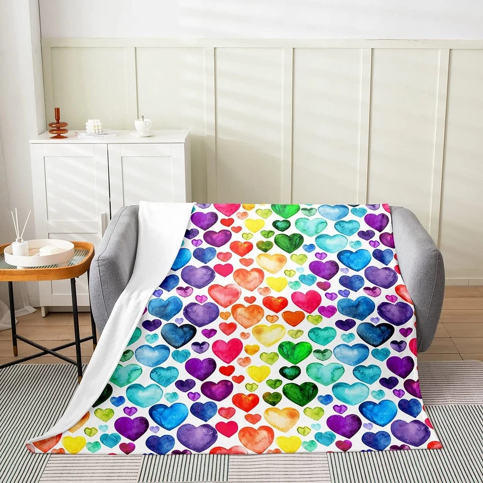 Manta difusa de franela polar Love Heart, patrón de corazón arco iris, tiro de felpa B... Foto 1 de 4
