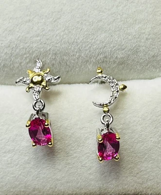 Aretes de oro de 18k de plata de ley 925 con topacio rosa intenso estrella de luna sol Foto 1 de 4