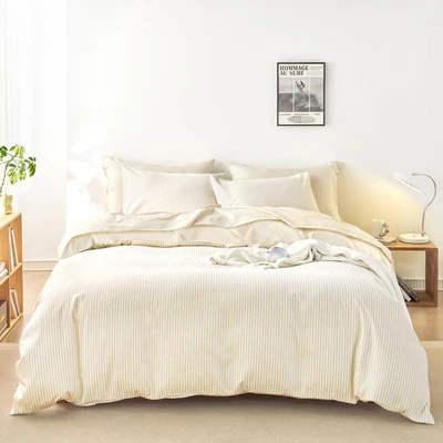 - Striped Comforter Set with Sheets, Ticking Stripe Vertical Pinstripe Neutra... - Image 1 of 4