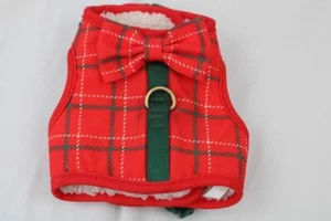 DOG RED CHRISTMAS PLAID HARNESS VEST SZ XS~8-9"NECK~FLEECE LINED~BOW TIE - Picture 1 of 4