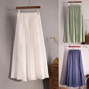 Women Skirt Elastic Waist Pleated Cotton Linen Long Skirts Summer Beach Skirts - Picture 1 of 14