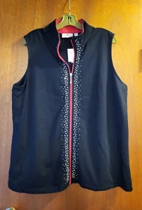 Quaker Factory Black Knit Vest Crystal Accents Red Collar/ Zip Sz XL - Picture 1 of 6