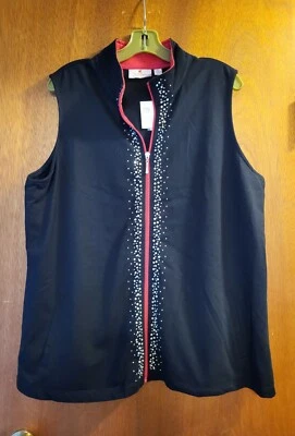 Quaker Factory Black Knit Vest Crystal Accents  Red Collar/ Zip Sz XL - Image 1 of 4