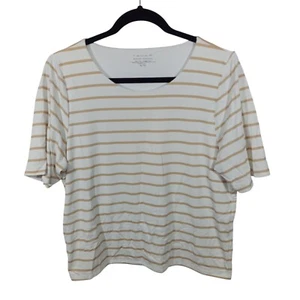 Tahari Womens Top Size XL Blouse White Tan Striped Lightweight Short Sleeve - Picture 1 of 7