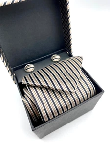 Christoph F Kuehn Tie and Cufflinks Men Silk Stripes Gold Black White Boxed - Picture 1 of 11