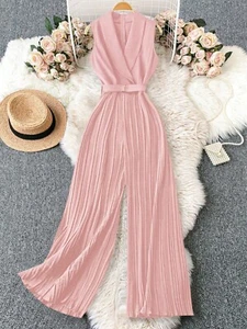 Elegant Pleated Wide-Leg Jumpsuit – Sleeveless Belted One-Piece for Chic & Forma - Picture 1 of 23