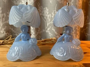 Vtg Pair Art Deco Victorian Southern Belle Lady Boudoir Blue Glass Lamps Works - Picture 1 of 22