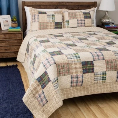 Queen Quilt Set Patchwork Plaid Design Blue Tan Reversible Cotton Pillow Shams - Image 1 of 4