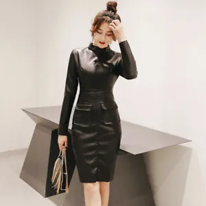 Elegant Women's Genuine Leather Bodycon Dress Long Sleeve Stand Collar Fashion - Picture 1 of 2