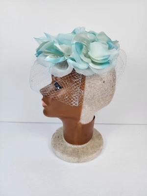Vintage 1960s Blue Floral Fascinator Hat, Aqua Mesh Veil - Image 1 of 4