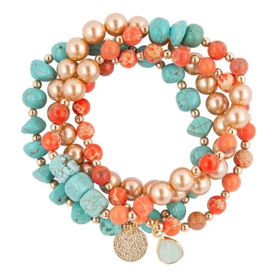 Canyon Blue Magnesite and Orange Jasper Golden Stretch Bracelet Set - Image 1 of 4