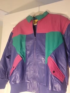 Vintage 1980-1990 Transit Company bunte Color Block Lederjacke - Größe L - Bild 1 von 9