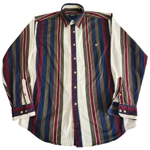 Trader Bay Men's Vintage 90s Striped Oxford Shirt Burgundy Navy Olive Medium - Picture 1 of 14