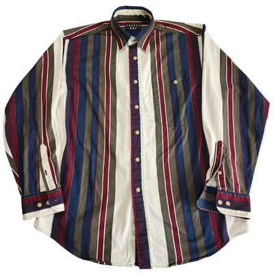 Trader Bay Men's Vintage 90s Striped Oxford Shirt Burgundy Navy Olive Medium - Image 1 of 4
