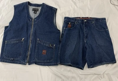 Colete jeans masculino vintage Pelle Pelle Marc Buchanan XXL e shorts tamanho 40 - Imagem 1 de 4