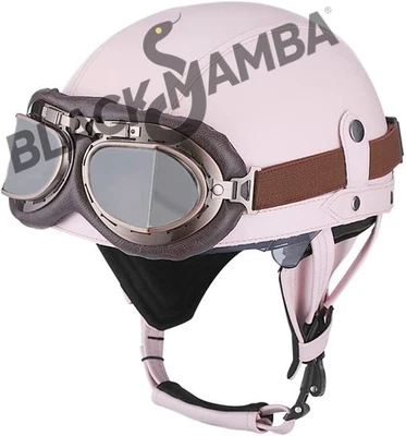 Vintage Leather Motorcycle Retro Half Helmet Scooter Bike Cruiser with Goggles Foto 1 de 4