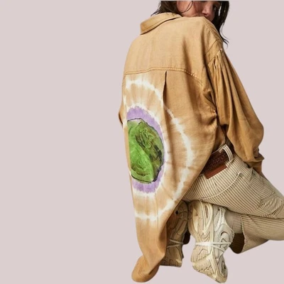 Free People WTF Yin Yang Tie Dye Graphic Buttondown Boho Oversized Shirt Medium - Image 1 of 4