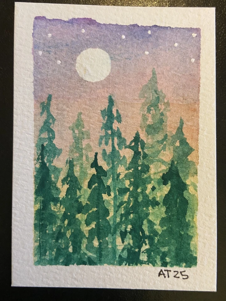 Tarjeta de arte acuarela original Sunset Starry Pines ACEO Foto 1 de 1
