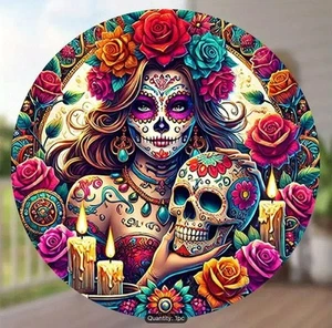 SUGAR SKULL LADY & FLORAL #5 SIGN RETRO ROUND HANGING PLAQUE WALL ART 20 x 20cm - Picture 1 of 24