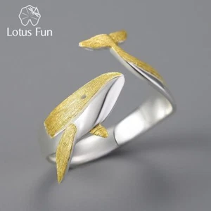 18K Gold Personality Whale Adjustable Rings for Women 925Sterling Silver Jewelry - Picture 1 of 16