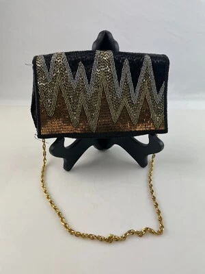 Bolso de Noche Walborg Vintage Con Cuentas Negro Plata Dorado Metálico con Cadena Dorada Foto 1 de 4