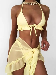 Solid Halter 3-Piece Bikini Set with Skirt Women's Swimsuit Swimwear Beachwear - Picture 1 of 13