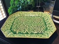 Ceramic Green Serving Tray Platter with Grapes & Leaves Majolica Style 14 X 12.5