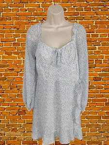HOLLISTER SIZE LARGE L BLUE DITSY PRINT BLOUSON LONG SLEEVE MINI MILKMAID DRESS - Picture 1 of 4