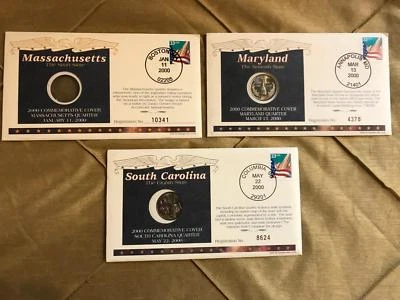 Lot 3 2000 Commemorative Quarters Massachusetts Maryland South Carolina Register - Image 1 of 2