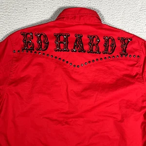 Ed Hardy Shirt Mens Medium Red Studded Western Pearl Snap Casual Preppy Pockets - Picture 1 of 13