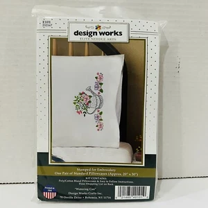 Design Works Stamped Embroidery Pillowcase One Pair Watering Can w/Flowers - Picture 1 of 4