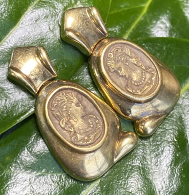 18K Yellow Gold Earrings Cameo Lady Profile Bias-Relief Dangle Vintage Signed N - Image 1 of 4