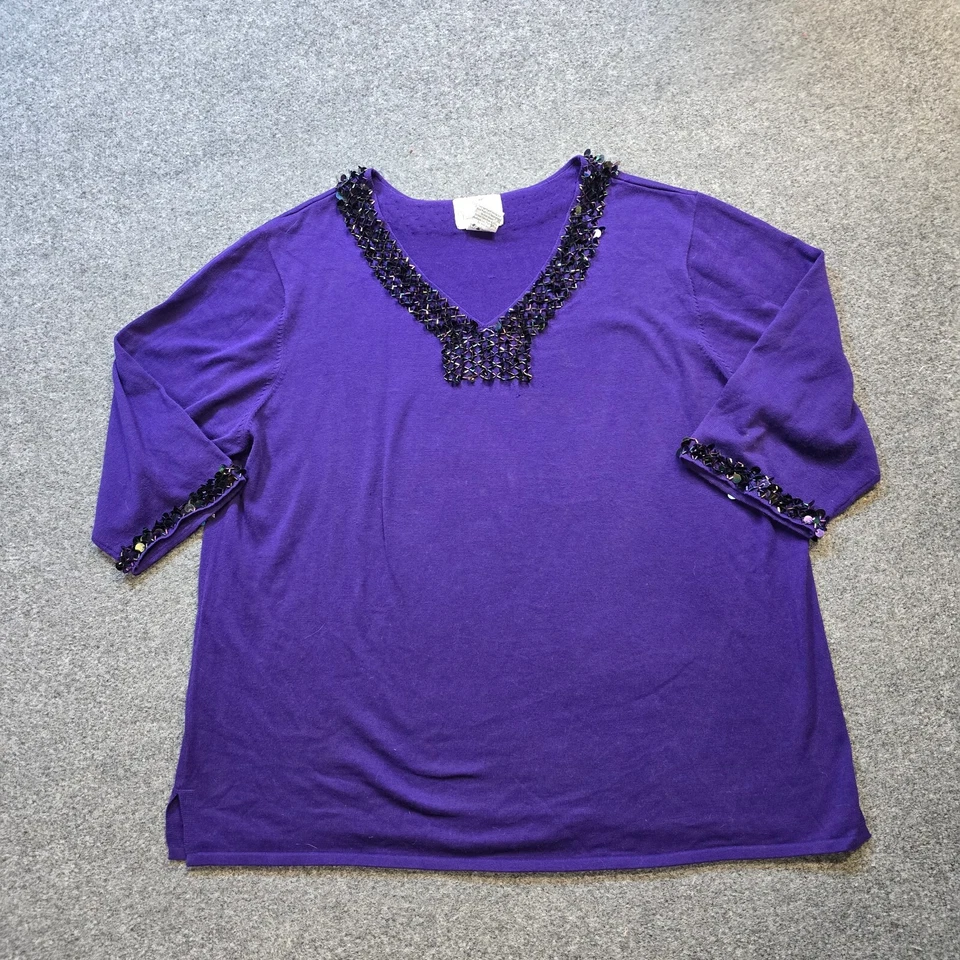 Suéter Quacker Factory Mujer Talla 2X Lentejuelas Púrpura Embellecido Tejido Brillante Foto 1 de 4